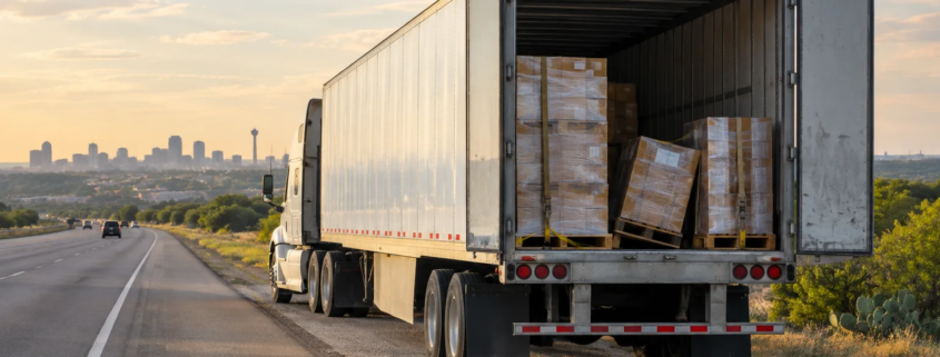 Cargo shift truck accident claim in Texas shown by a semi-trailer load near San Antonio