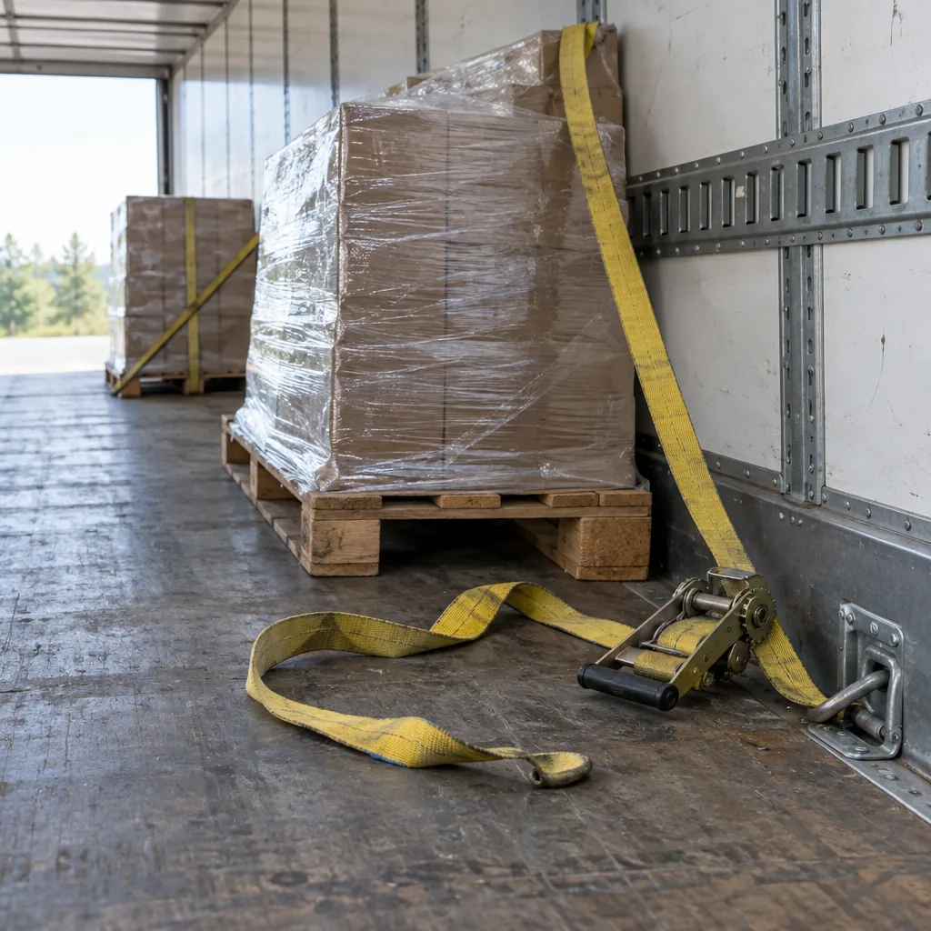 Trailer cargo, tie-down straps, and anchor points relevant to a truck load securement claim
