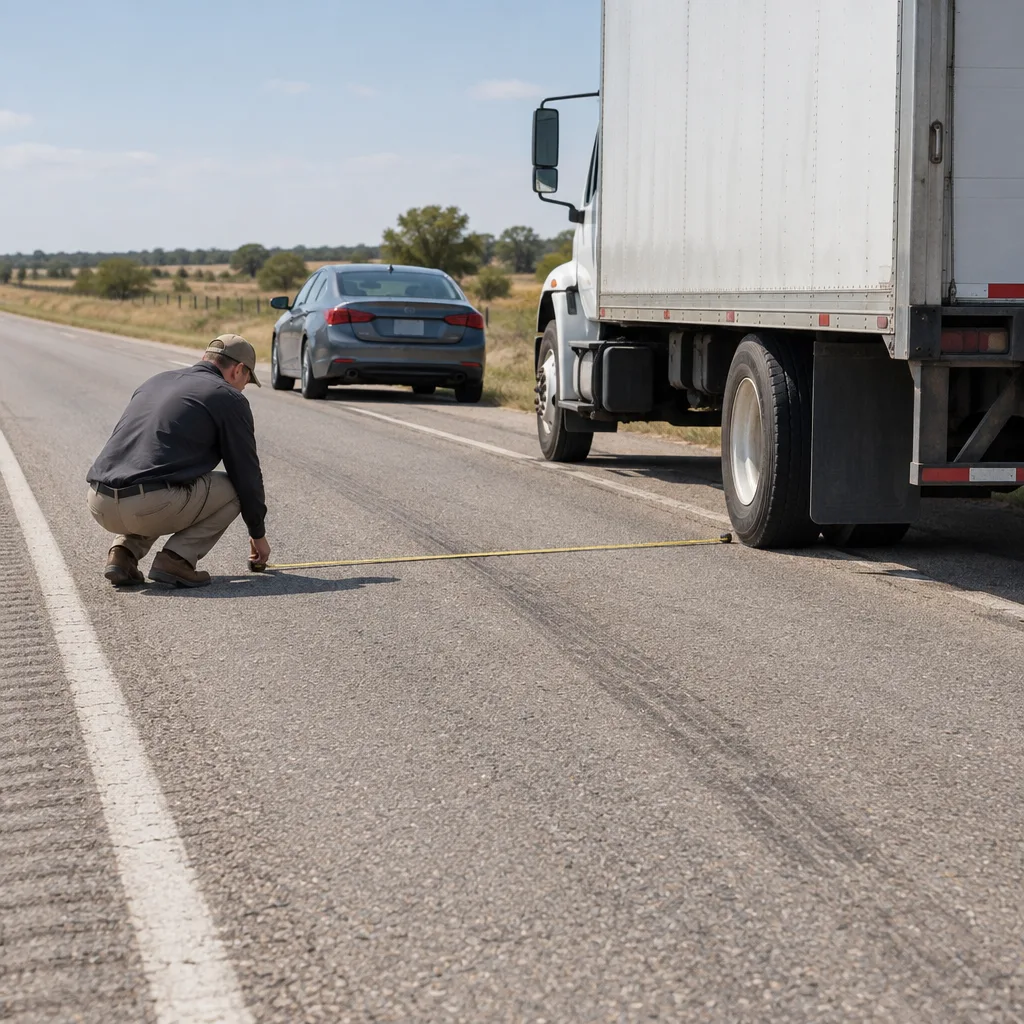 Investigator examining roadway and braking evidence after a rear-end 18-wheeler collision