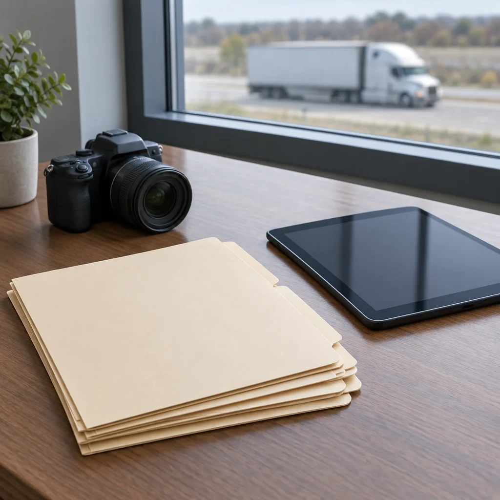 Organized blank folders and camera representing evidence for a San Antonio truck claim dispute