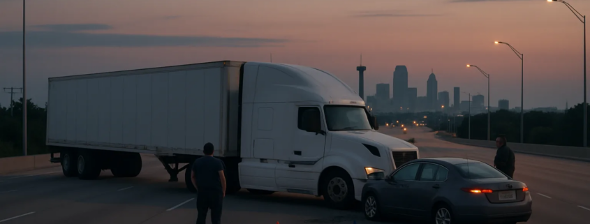 San Antonio underride truck accident claim scene showing a tractor-trailer and passenger vehicle