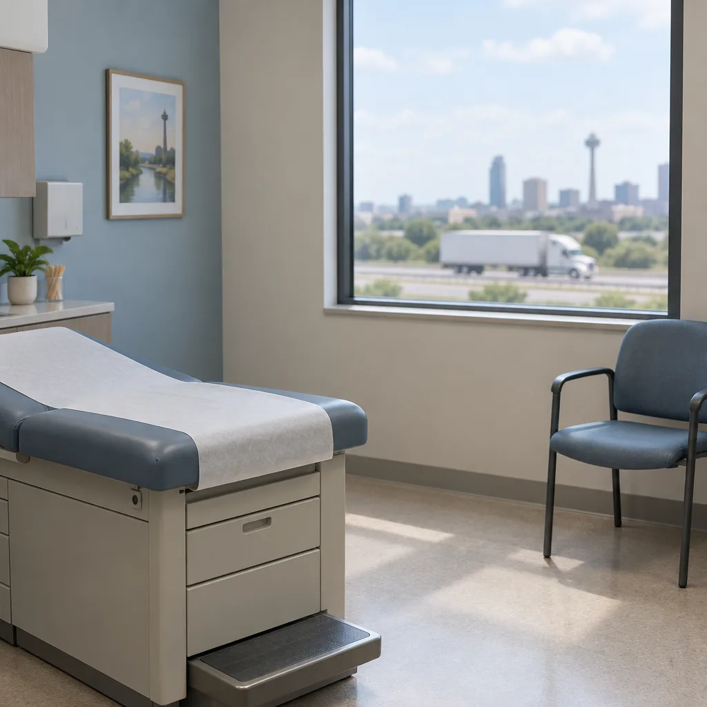 A quiet examination room with a truck outside, illustrating an insurer-requested truck injury evaluation