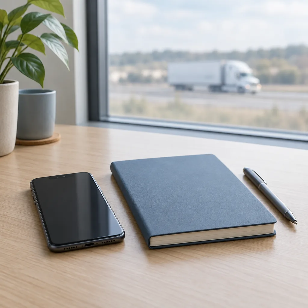 Blank notebook and phone arranged to organize a San Antonio truck insurance claim